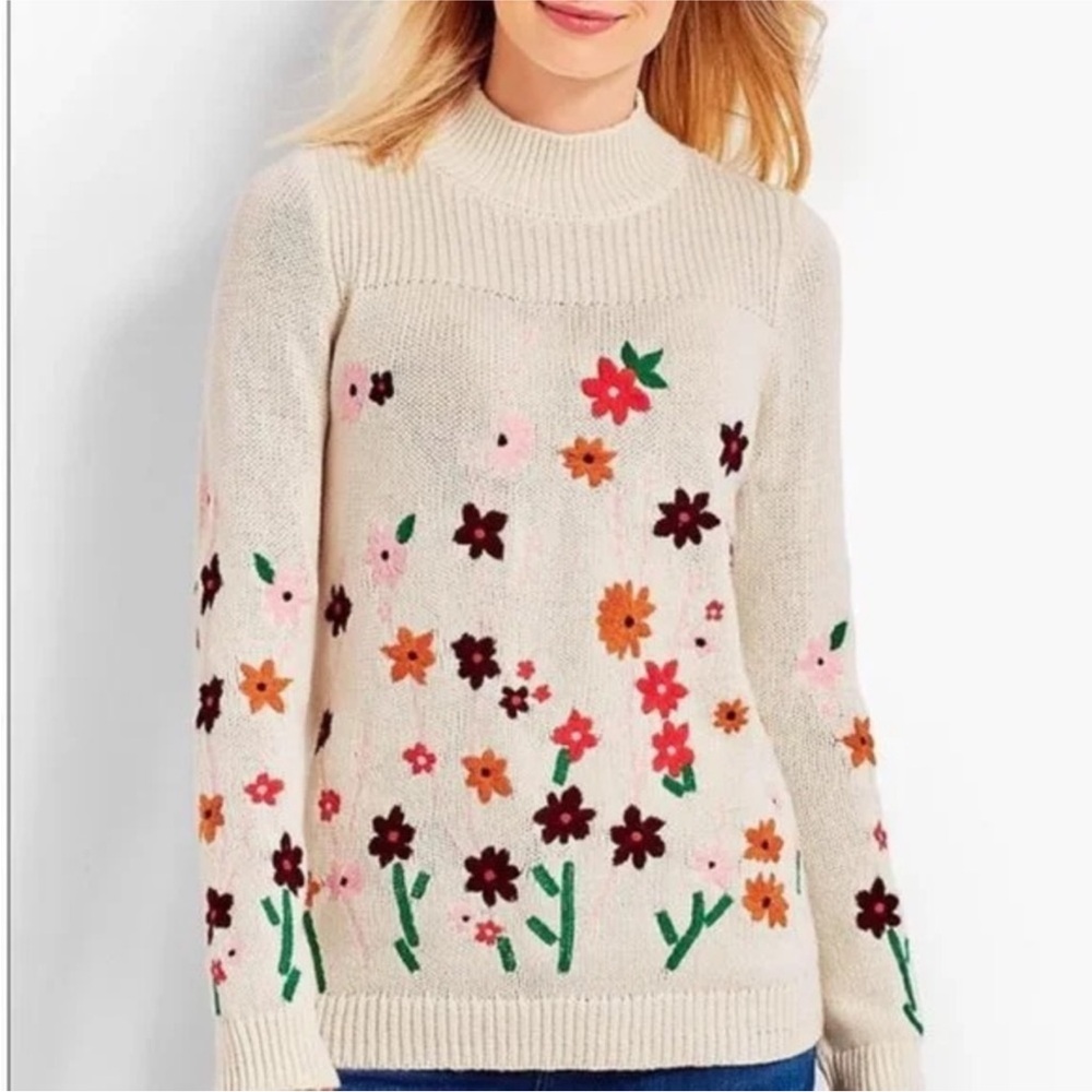 Talbots Floral Embroidered Ribbed Mock Neck Sweater in Cream Cotton Blend - L